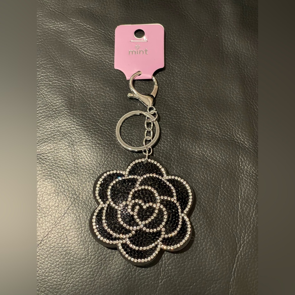 Mint Black and Silver Crystal Camellia Key Charm